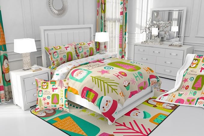 Erosebridal Xmas Decor Quilts Kids Santa Claus Christmas Tree Comforter Set Boys Girls Bedroom, Cartoon Snowflake Bedding Set Cute Snowman Down Comforter Queen Size