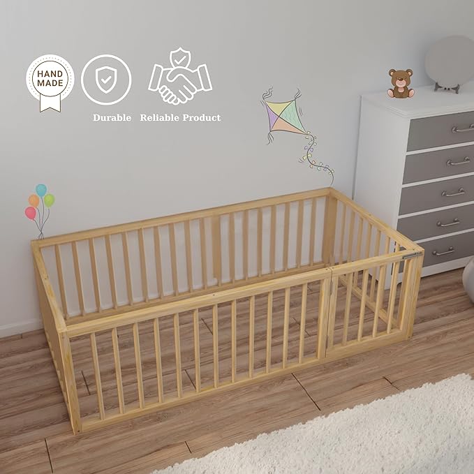 Montessori Floor Bed with Door On The Right Side for Toddler | Pine Wood Natural Solid Frame Beds | Sturdy Modern Design Floor Bed Frame for Boy and Girls (Twin, Height: 23.6 Inches)