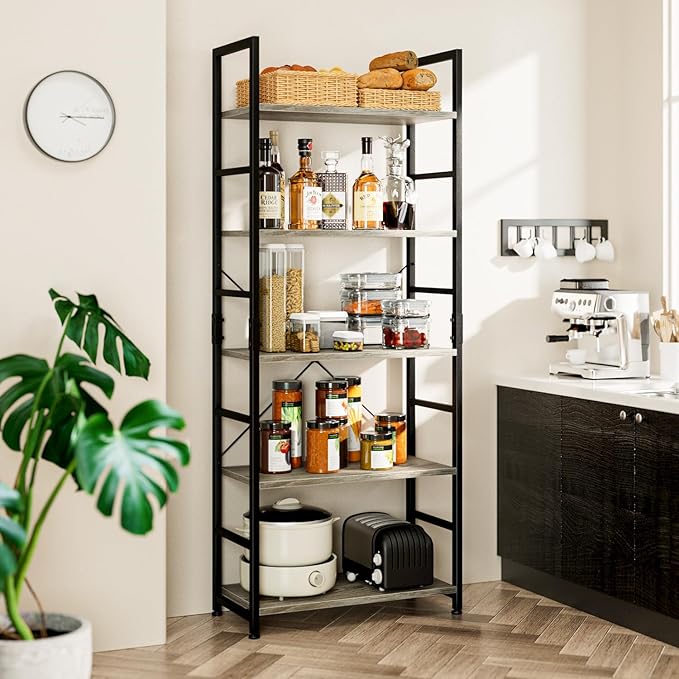 NUMENN 5 Tier Bookshelf, Tall Bookcase Shelf Storage Organizer, Modern Book Shelf for Bedroom, Living Room and Home Office, Grey