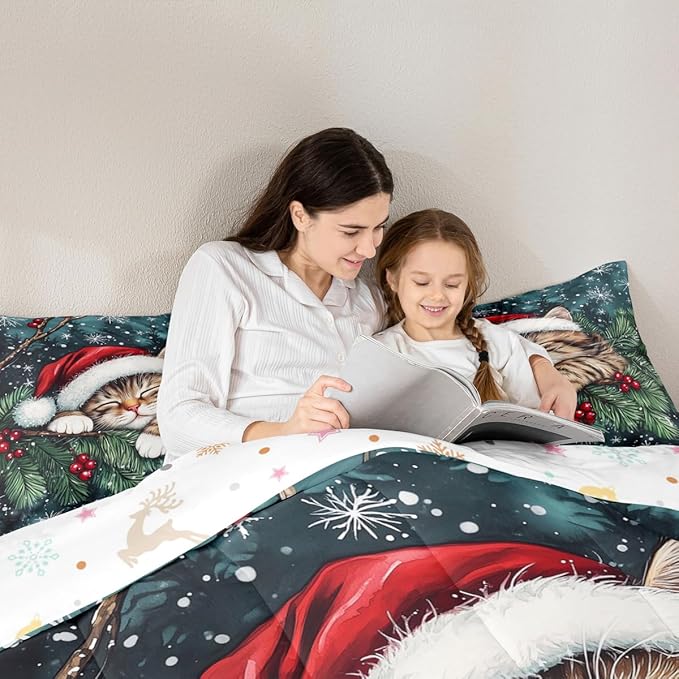 Cute Cat Kid Comforter Set Full Size,Winter Holly Berry Snowflake Bedding Set,Girl Boy Room Decor,Animal Merry Christmas Poinsettia Quilt Comforter,Dark Green Duvet Set Bedroom Quilt Set,2 Pillowcases