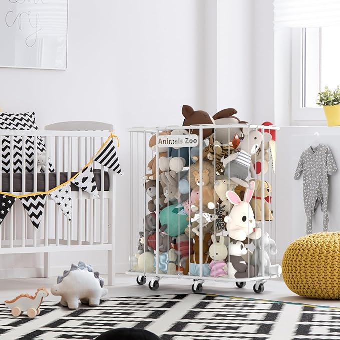 300L Stuffed Animal Organizer Plush Toy Storage Organizer Toy Storage Basket, Kids Toy Storage Bins with Wheels, Metal Frame and Elastic Cord Design, Suitable for Storage of Any Stuff