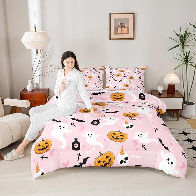 Erosebridal Pink Halloween Comforter Set Cute Ghost Bedding Set King Size,Spooky Pumpkin Bat Decor Quilt for Kids Boys Girls Adults Vintage Halloween Decorations Down Comforter