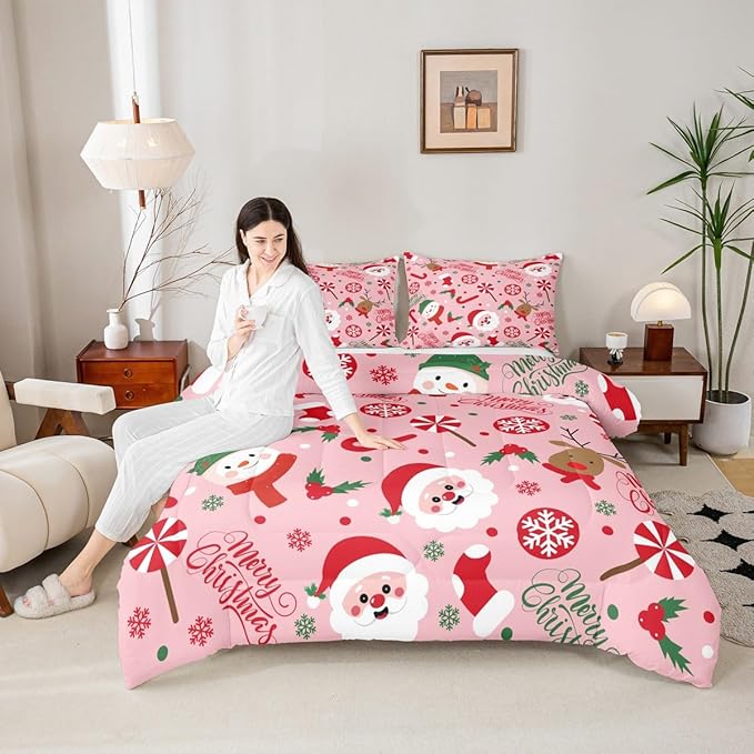 Feelyou Merry Christmas Kids Comforter Set King Size Santa Claus Snowman Bedding Set Deer Berries Duvet Quilt for Kids Boys Girls Bedroom Snowflake Decor Microfiber Ultra Soft Breathable