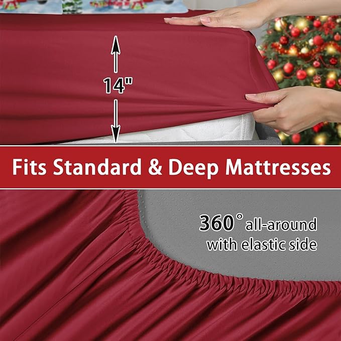 7 Pcs Full Size Christmas Comforter Set with 2 Pillowcases & 2 Shams, Red Vintage Truck Snowman Bedding for Kids and Adults, Winter Snow Forest Elk Bed in a Bag with Flat Fitted Sheet