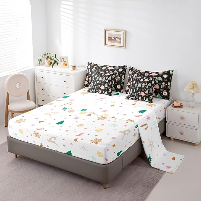 Erosebridal 7Pcs Black Christmas Comforter Set Full Size,Nutcracker Bedding Set,Xmas Snowflake Stars Bed in A Bag,Romantic Princess Castle Quilt with Flat Fitted Sheet