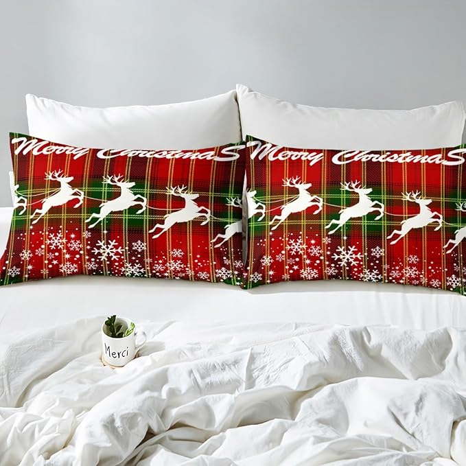 Manfei Christmas Duvet Cover Set King Size, White Deer and Snowflake Print Comforter Cover with 2 Pillowcases, Red Plaid Print Bedding Set 3pcs for Kids Boys Girls Bedroom Decor,No Comforter