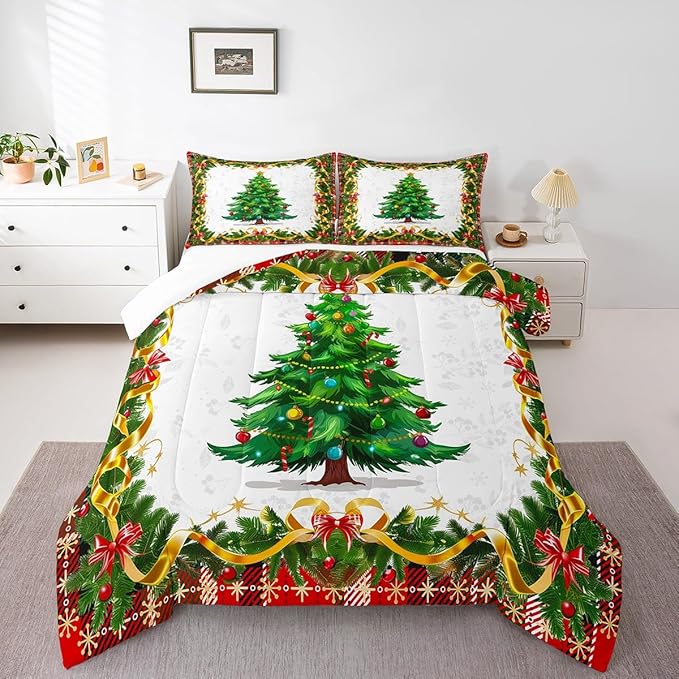 Christmas Tree Comforter Set Queen Size,Merry Christmas Bedding Set for Kids Boys Girls Room Decor,Snowflake Bowknot Green Pine Leaves Duvet Insert 3Pcs,Xmas Plaid Patchwork Quilt Set,2 Pillowcases