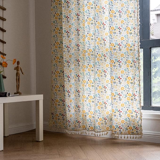 ENJOYBRIDAL Floral Curtains 96 Inch Length 2 Panels Tassel Boho Semi-Sheer Drapes Bedroom Living Room Farmhouse Rustic Country Yellow Green Flower Rod Pocket Cotton Linen Blend Window Curtain Panel
