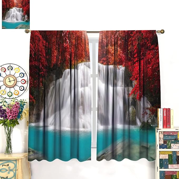 Red Forest Waterfall Blackout Windows Curtains, Tree Landscape Woodland Scenic Nature Fall Scenery Art Printed Curtains, for Living Room Bedroom 42x45in 2 Panels