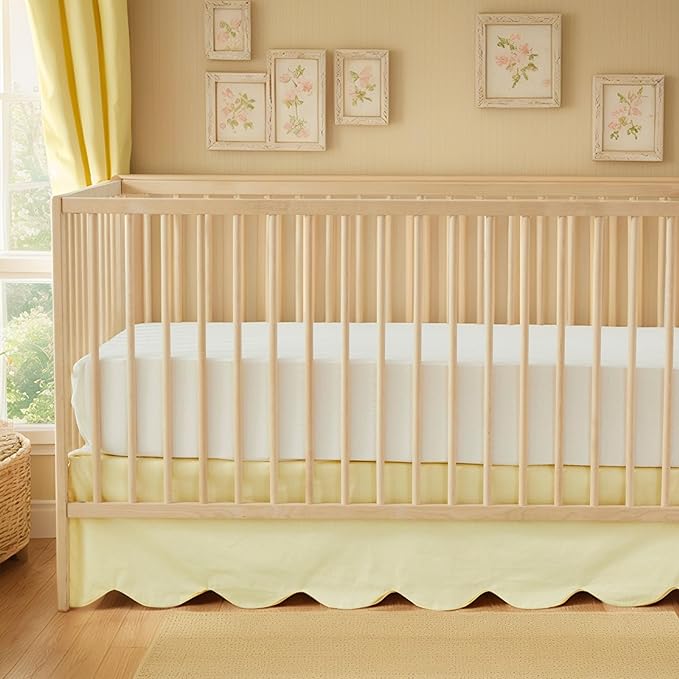 Brandream Scallop Edge Cotton Crib Skirt Toddler Bedskirt Baby Nursery Crib Bed Skirt Boho Bohemian Neutral Solid Color Light Yellow Farmhouse Chic Bedding Skirt