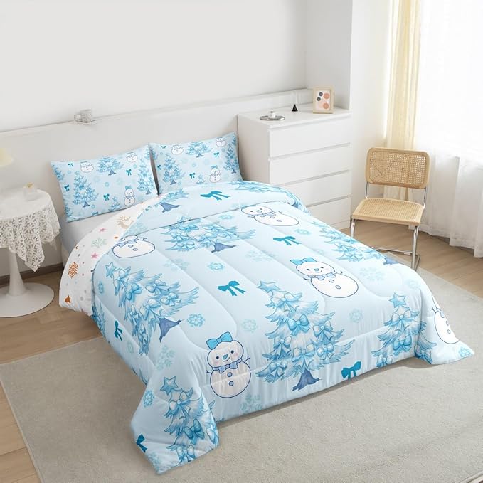 Feelyou Merry Christmas Comforter Set Twin Size Cute Snowman Bedding Set for Kids Boys Girls Cartoon Bowknot Duvet Quilt Christmas Tree Microfiber 2 Pcs with 1 Pillow Cases