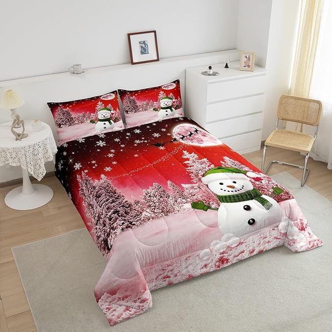Feelyou Kids Merry Christmas Decorations King Size Comforter Set Xmas Snowman Bedding Set Red Quilt Set Soft Warm Lightweight Duvet Set
