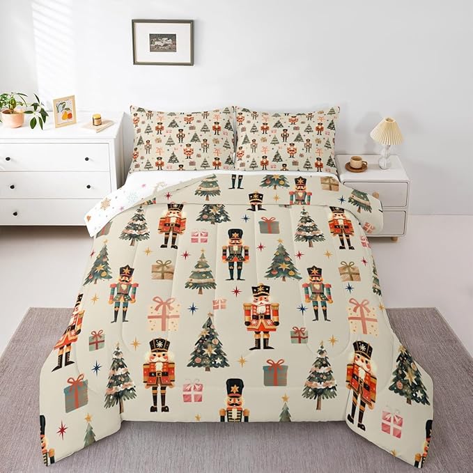 jejeloiu Xmas Nutcracker Comforter Set Full Size Christmas Beige Bedding Set for Kids Boys Girls Cute Snowflakes Duvet Quilt Bedroom Decor