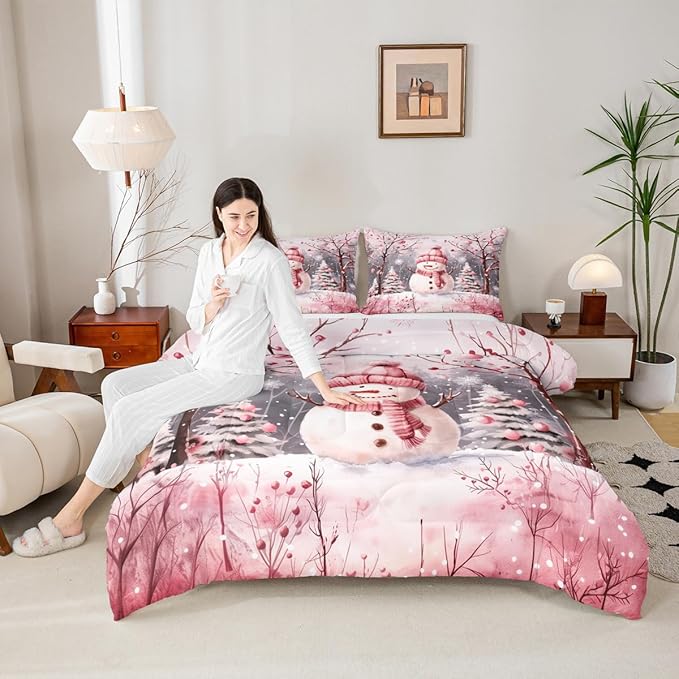 Feelyou Cute Snowman Comforter Set All Season Christmas Tree Bedding Set with 2 Pillow Cases Xmas Snowflake Microfiber Kids Queen Bedclothes Pink Scarf Bedroom Decor Pink Winter Scene Duvet Quilt