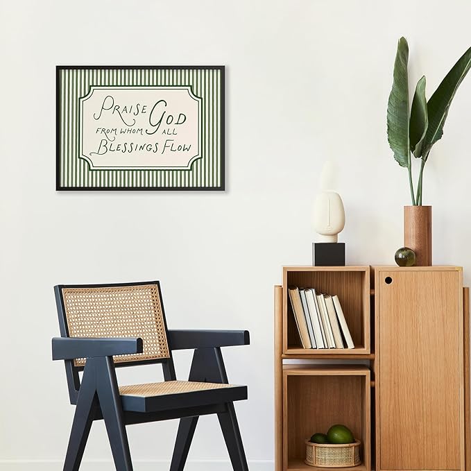 Christian Bible Verse Scripture Poster Praise God From Whom All Blessings Flow Wall Art 24x36 inch Black Framed Green Striped Religious Canvas Prints for Church Home Prayer Room Wall Decor