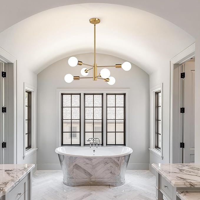 Modern Sputnik Chandeliers Light, 6-Light Gold Dining Room Chandelier Over Table, E26 Mid Century Ceiling Light Fixtures Height Adjustable Hanging Pendant Lighting for Entryway Foyer