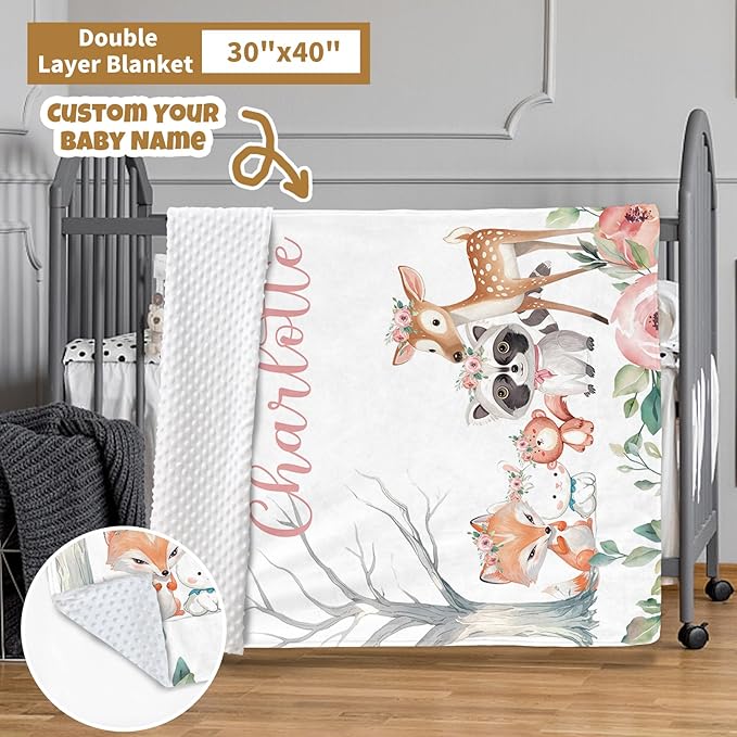 Custom Baby Crib Bedding Set, 3 Pcs Personalized Nursery Bedding Set with Name, Soft Baby Bedding Crib Sets with Blanket - Toddler Crib Sets for Girls Boys, Newborn Gifts, Pink Forest Animals