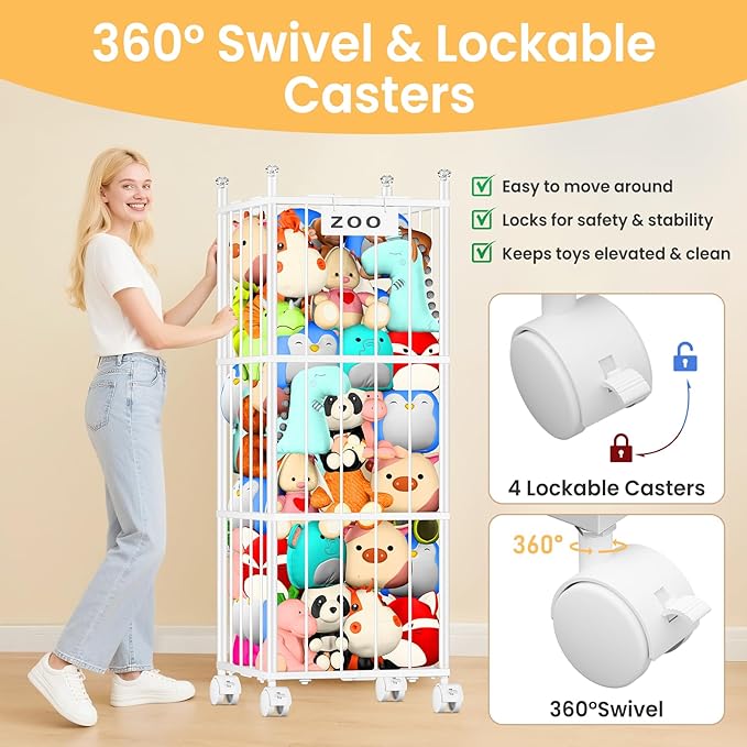 TomCare Extra Large Stuffed Animal Storage Metal Storage Organizer with 4 Lockable Wheels Space Saving Stuffed Animals Holder for Playroom Bedroom