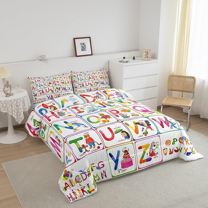 Feelyou ABC Alphabet Bedding Set King, Cartoon Zoo Animal Comforter Educational Learning Comforter Set for Kids Boys Girls Colorful Alphabet Duvet Set with 2 Pillow Case