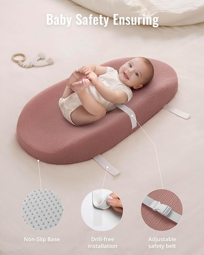 Blissful Diary Muslin Baby Changing Pad with Waterproof Lining Foam, Diaper Changing Table Pad with Cover for Dressers (Dusty Pink, Avocado)