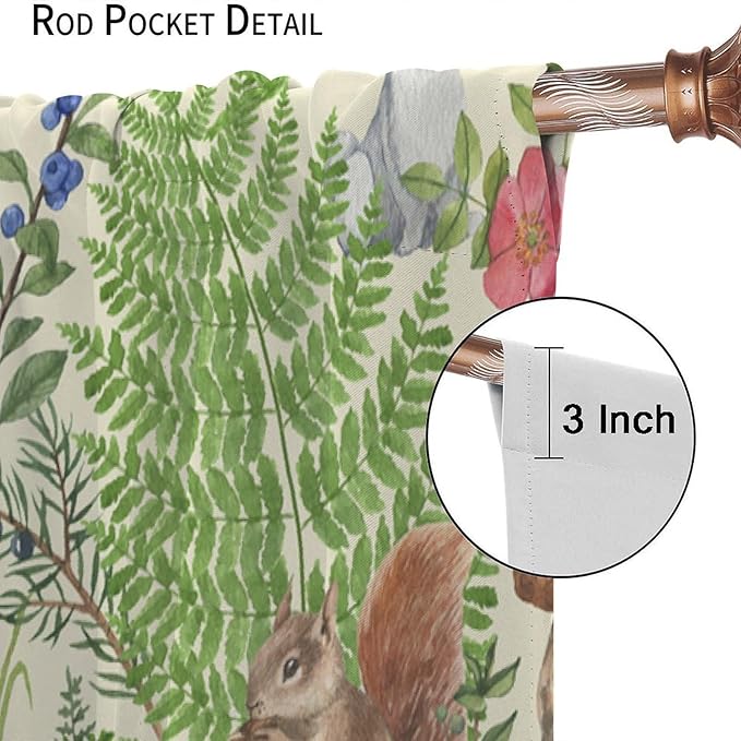 Forest Animal Curtains, Kids Rustic Wild Animal Window Treatments Watercolor Cute Woodland Fox Hedgehog Window Drapes for Nursery Toddler Bedroom 55x63in