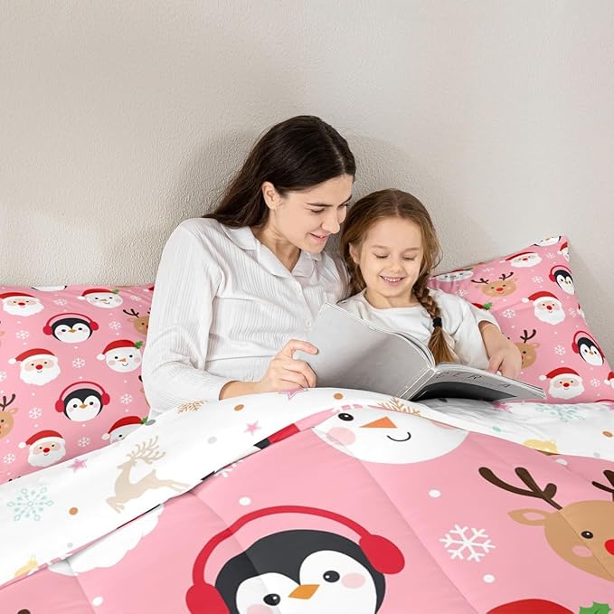Feelyou Pink Christmas Comforter Set King Size Santa Claus Bedding Set for Kids Boys Girls Deer Penguin Duvet Quilt Snowman Bedroom Decor Microfiber 3 Pcs with 2 Pillow Cases