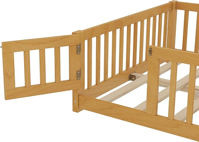 Bellemave Full Size Floor Bed Frame with Fence and Door for Kids, Montessori Floor Bed with Slats and Safety Guardrails,Solid Wood Full Bed Frame for Girls Boys,Natural