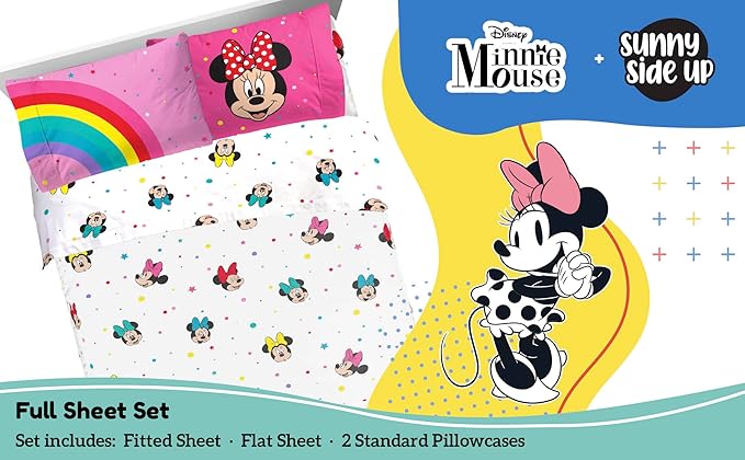Sunny Side Up Disney Minnie Mouse Full Sheet Set - 4 Piece Kids Bedding Set Includes Pillow Cover - Super Soft Rainbow Dots Microfiber Sheets