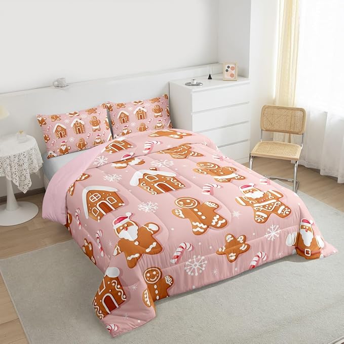 Feelyou Christmas Comforter Set All Season Gingerbread Man Bedding Set with 2 Pillow Cases Santa Microfiber Kids King Bedclothes Snowflake Bedroom Decor Duvet Quilt Breathable Soft Lightweight