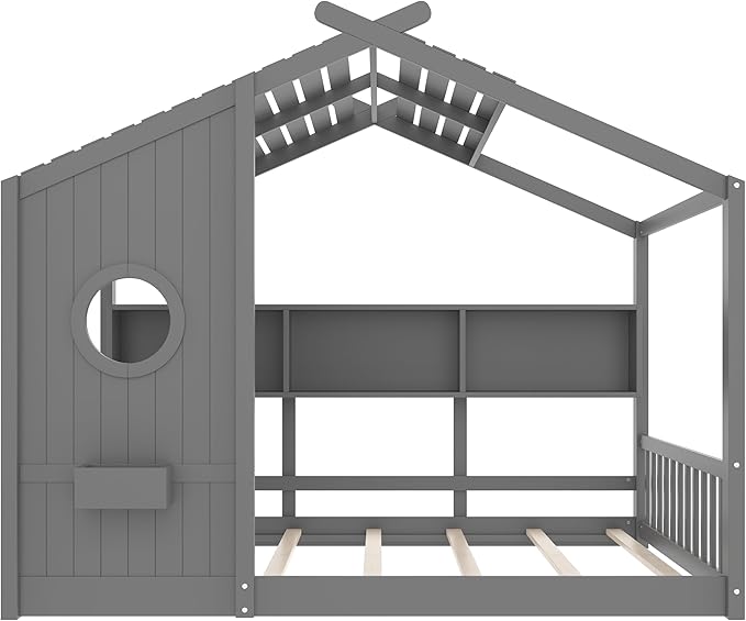 Full Size House Bed with Storage Shelves for Kids,Kids Montessori Floor Bed, Cute Wood House Bed Frame Full with Roof for Girls,Boys,Can be Decorated,Gray