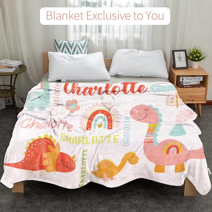 Personalized Dinosaur Blanket with Name for Girl, Custom Name Blanket for Kids, Soft Flannel Pink Dinosaur Toddler Blanket Customized Gift for Birthday Christmas Baby Shower Newborn Gift 30" X 40"