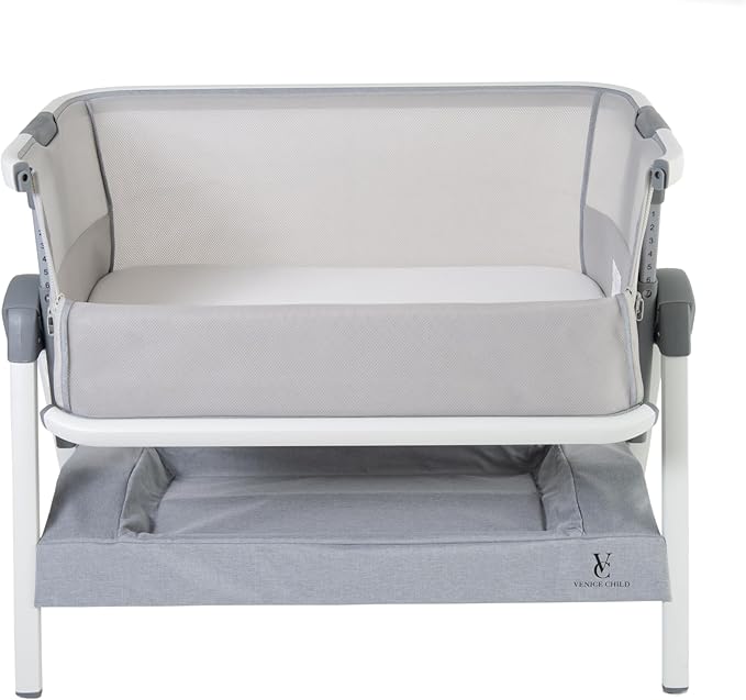 Venice Child California Dreaming Bedside Crib Bassinet w/Travel Case, Bamboo Bassinet Sheet, Removable Bamboo Compressed Cotton Mattress, Height Adjustable, Easy Clean (Gray)