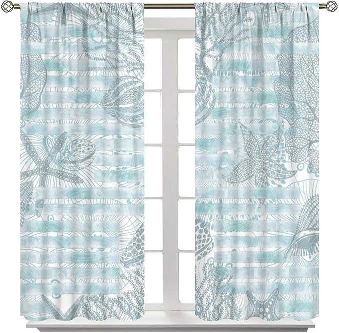 Starfish Curtains，Starfish and Seashells Coastal Curtain Ocean Themed Underwater Marine Decor Waterproof Fabric Curtain Set 2 Panels,42x45 Inches