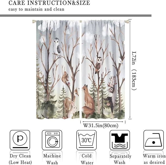 Forest Curtains, Cartoon Woodland Animals Tree Birds Moose Rabbit Mushroom Print Pattern Kids Bedroom Window Treatments Curtains 63x72in