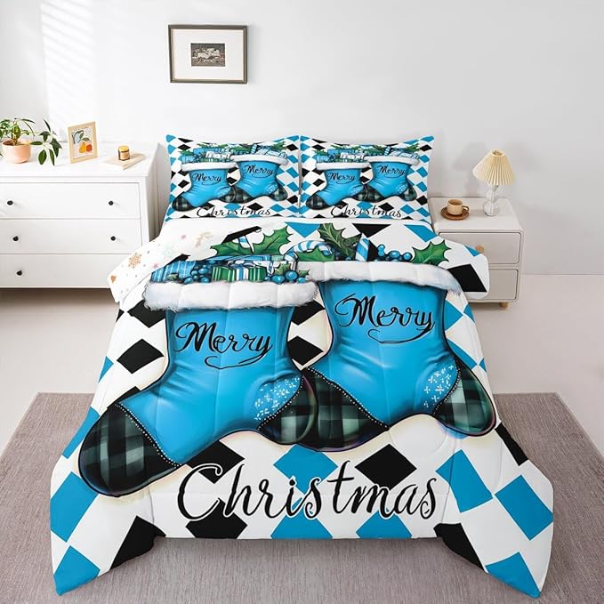 Feelyou Merry Christmas Kids Comforter Set Twin Size Cartoon Shoes Bedding Set Duvet Quilt for Kids Boys Girls Bedroom Winter Decor Microfiber Ultra Soft Breathable