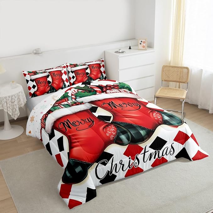 Feelyou Merry Christmas Comforter Set Full Size Cartoon Shoes Bedding Set for Kids Boys Girls Duvet Quilt Winter Bedroom Decor Microfiber 3 Pcs with 2 Pillow Cases
