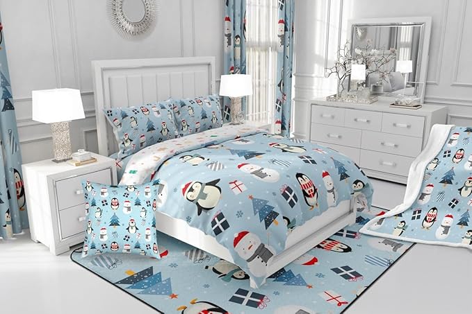 Feelyou Merry Christmas Bedding Set Soft for Boys Girls, Penguin Comforter Set King Size Xmas Tree Snowman Duvet Quilt Microfiber Gift Snowflake Bedroom Decor 3 Pcs with 2 Pillow Cases
