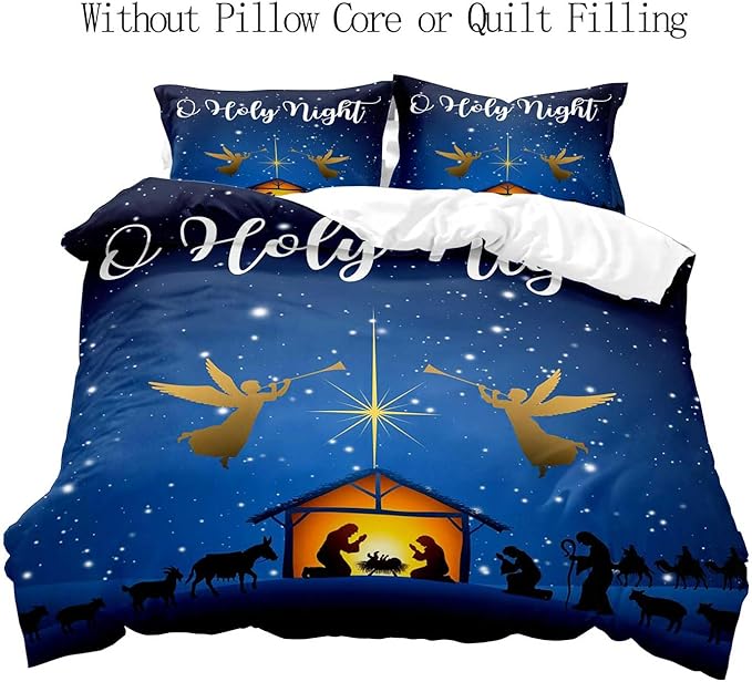 LUVIVIHOME 3PCS Christmas Duvet Cover Full Bedding Set, Navy Blue Duvet Cover, Galaxy Oh Holy Night Nativity Scene Angel Winter Holiday Xmas Christmas Comforter Cover, Bed in a Bag, 2 Pillow Cases