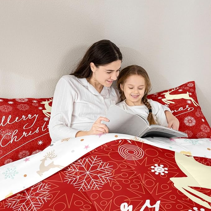 Merry Christmas Kids Comforter Set Twin Size,Deer Animal Silhouette Bedding,Girls Boys Adults Bedroom/Xmas Cabin Decor,Snowflake Dot Graffiti Down Comforter,Red Romantic Duvet Insert,1 Pillowcase