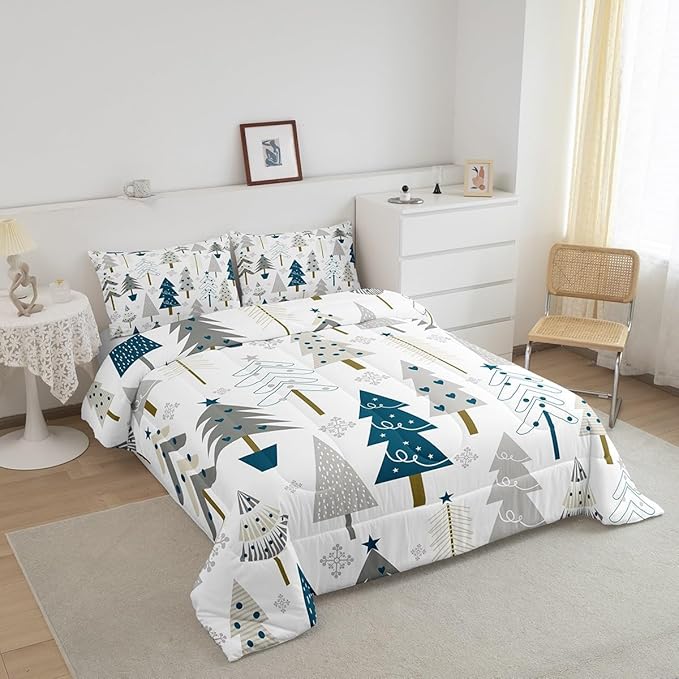 Xmas Trees Comforter Set Queen Size,Merry Christmas Pine Hand Drawn Bedding Set for Women Adult,Blue Plant Snowflakes Winter Luxury Bed Duvet Insert, 2 Pillowcases
