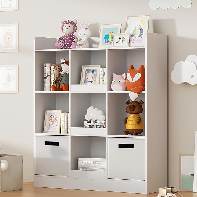 Kids Bookshelf with 9 Cube, Toy Storage Organizer with 2 Fabric Drawers, 3-Tier Freestanding Wooden Open Shelf Bookshelf, Modern Kids Display Bookcase for Bedroom, Living Room, Office, White