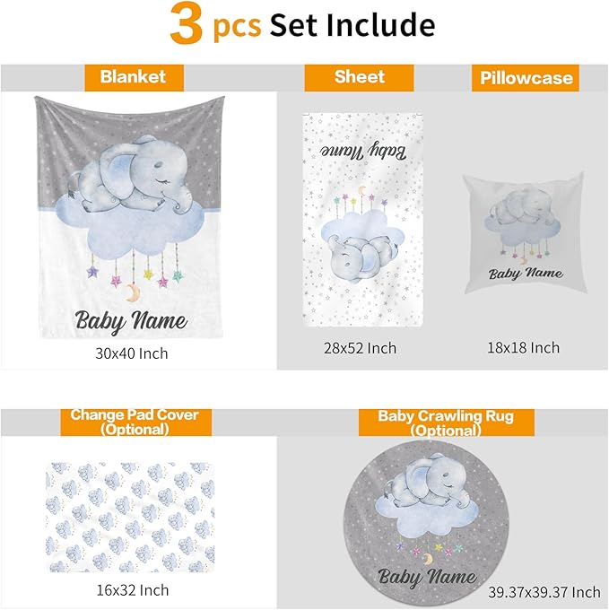 Custom Crib Bedding Set - Elephant Design Personalized Name Baby Nursery Bedding 3 Pcs Set - Chic Soft Blanket, Sheet, Pillowcase for Newborns Boys Girls Gifts Color05