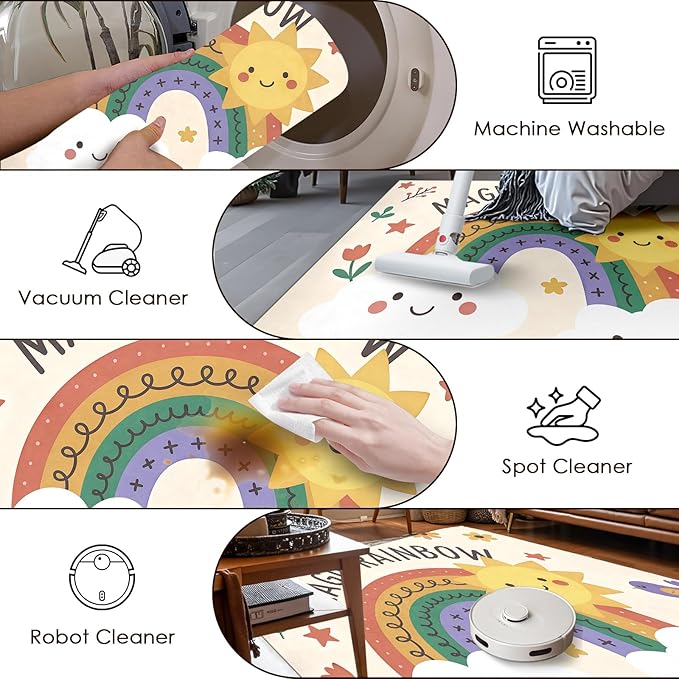 Rainbow Sun Pattern Soft Girls Area Rug for Kids Room Washable Artificial Wool Bedroom Living Room, Funny Carpet Non-Slip Outdoor Indoor Floor Carpet Home Decor, 2'x3'