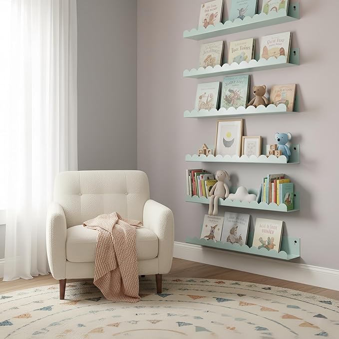 Nursery Book Shelves Set of 6, Blue Metal Floating Shelves for Wall, 16 Inch Scalloped Book Shelf for Kids Room, Bathroom, Bedroom, Playroom Wall Decor & Storage