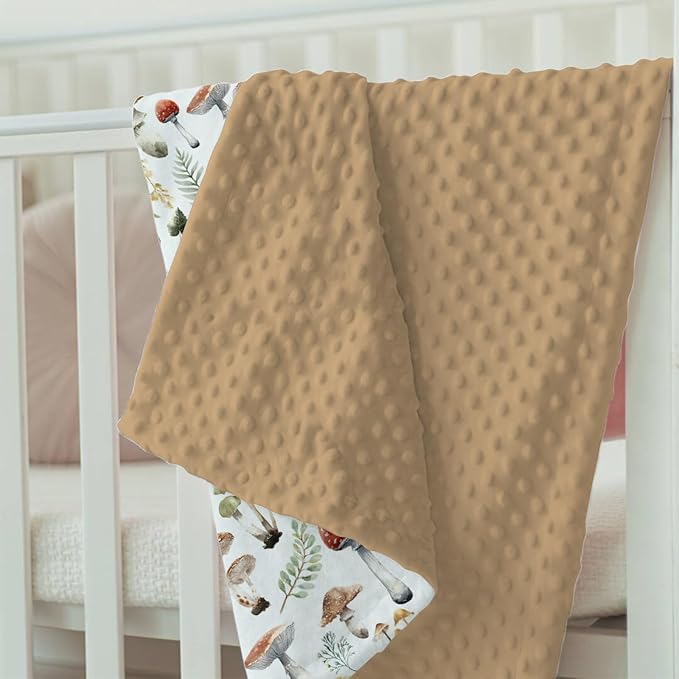 Boho Mushroom Forest Baby Blankets for Girls Boys 30" x 40", Brown Soft Double Layer Minky Blanket with Dotted Fleece Back, Nursery Bed Receiving Quilt for Newborn Infant Toddler Shower Gift