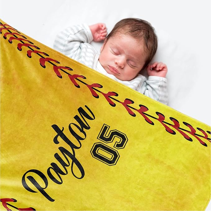 Personalized Softball Kids Blanket with Naumber and Name - Custom Sport Bed Blankets Gift for 0-3 Months Baby Essential - Super Warm and Comfortable 50x60inch
