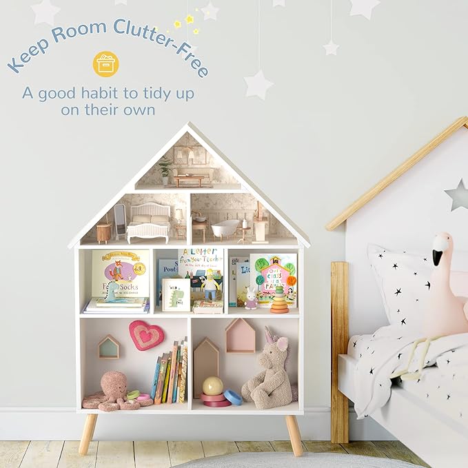 Curipeer Kids Dollhouse Bookshelf and Baby Storage - Wooden Stand Dollhouse Bookcase with 4-Tier Storage Display Organizer, Children Bookshelf for Playing Room, Nursery - White