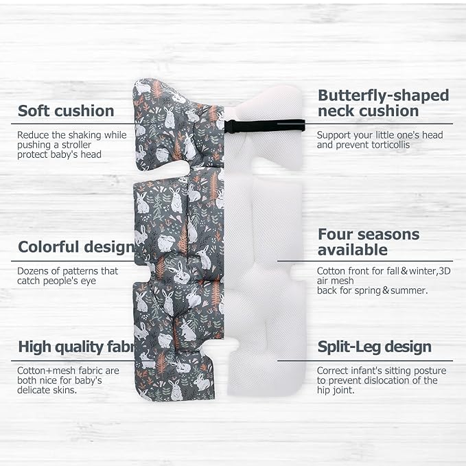 Baby Seat Pad Liner for Stroller, Universal Stroller Cushion Pad for Baby Soft and Breathable 3D Air Mesh Cotton Stroller Liner Insert Car Seat Insert (Grey Rabbits)