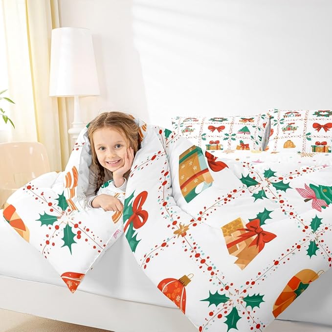 Feelyou Christmas Decor Kids Comforter Set Toddler Size Red Bowknot Bedding Set New Year Gift Duvet Quilt for Kids Boys Girls Bedroom Happy New Year Decor Microfiber Ultra Soft Breathable