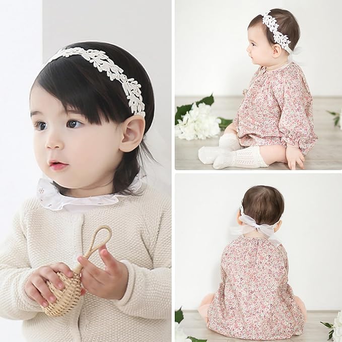 2 Pack 18-20in Elegant White Flower Christening Headbands for Baby Girl, Elastic Soft Lace with Cute Tulle Pearl Hair Strap (Snow Tooth Rose)